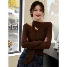 批发秋冬季独特咖色镂空锁骨长袖<b class='q'>t</b><b class='q'>恤</b>上衣设计感辣妹修身打底衫<b class='q'>女</b>内搭