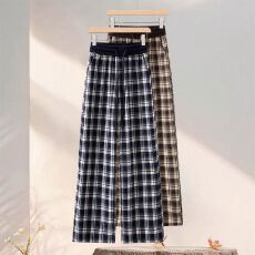 批发加绒/不加绒】秋冬复古格子阔腿裤休闲加大码拼接高腰直筒<b class='q'>运动裤</b>