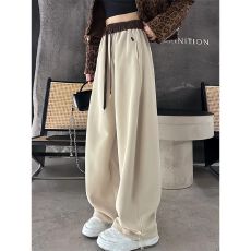 批发美式撞色拼接弯刀<b class='q'>运动裤</b>女秋冬加绒2025新款高腰休闲直筒香蕉卫裤