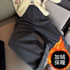 批发韩系小众<b class='q'>设计</b>感裤脚翻边深灰色毛呢加绒加厚阔腿裤女秋冬九分裤女