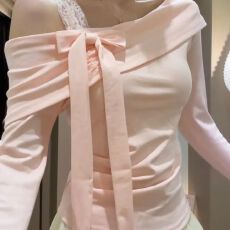 批发40支酷丝绵】秋季新款纯欲设计感<b class='q'>露肩</b>甜美修身收腰显瘦蝴蝶结上衣