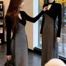 批发高级感拼接连衣裙女2025<b class='q'>秋</b>冬季新款收腰显瘦绑带轻熟风气质长裙子