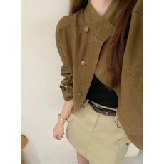批发美式复古高街咖色<b class='q'>牛仔</b>外套女春秋2025新款小个子立领工装夹克上衣
