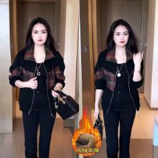 时尚短外套女2025冬季新款洋气显瘦百搭宽松格子拼接夹克休闲上衣