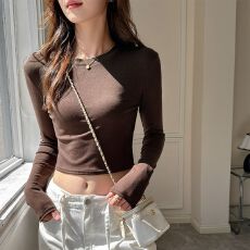 批发260克莫代尔人棉1×1】<b class='q'>短款</b>春秋新款韩版长袖<b class='q'>T</b><b class='q'>恤</b>韩版修身上衣女装