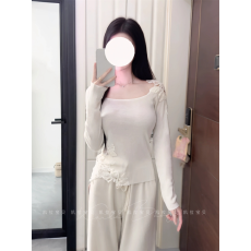 1*1德绒270克白色方领蕾丝打底衫修身显瘦纯欲长袖上衣韩