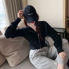 批发新款拉链开衫长袖短款连帽2025早秋运动休闲卫衣短款外套女ins潮