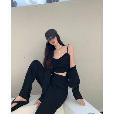 批发罗纹棉两件套 辣妹外搭开衫女秋季2024新款小个子炸街短款上衣