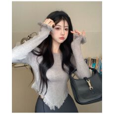 批发【前后流苏2x2舒肤绒】小众港味小个子上衣短款内搭长袖打底衫女