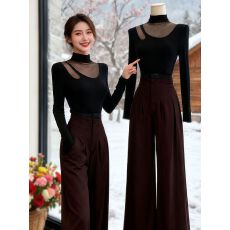 批发40支酷丝绵拼网纱】半高领打底衫上衣网纱<b class='q'>春</b>秋设计感辣妹长袖T恤