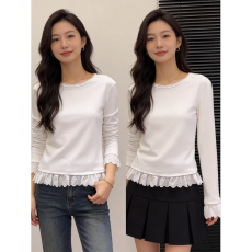 批发260克慕斯羊绒】<b class='q'>蕾丝拼接</b>长袖T恤女秋冬装内搭软糯亲肤打底衫上衣