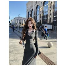 批发法式复古翻领长袖针织打底衫<b class='q'>连衣裙</b>女2025新款秋冬天配大衣的裙子