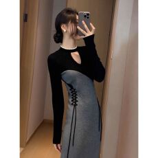 批发法式独特漂亮拼接<b class='q'>连衣裙</b>2025冬季新款小众设计感气质名媛系带<b class='q'>长裙</b>