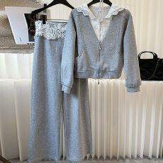 批发时尚运动套装女假两件短外套2025春秋新款蕾丝花边<b class='q'>连帽卫衣</b>两件套