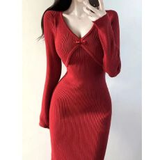 批发秋冬新中式复古红色改良针织<b class='q'>旗袍</b>盘扣修身显瘦中国风年轻款包臀裙