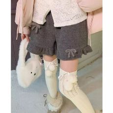 批发秋冬灰色设计感日系<b class='q'>甜美</b>少女风高腰显瘦百搭蝴蝶结毛呢短裤女裤子