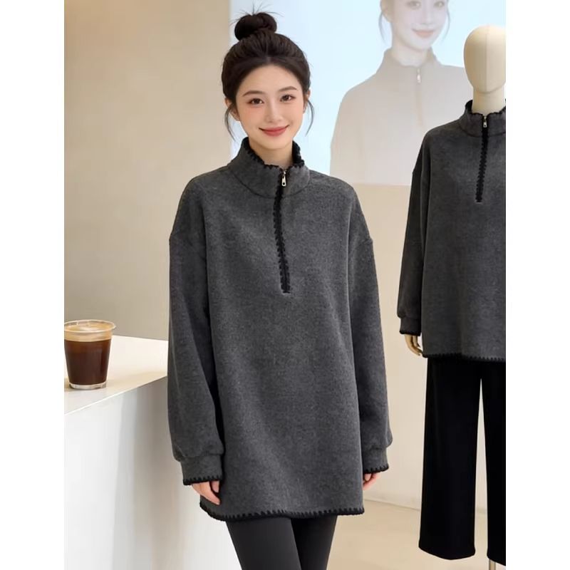 캐주얼 슈퍼 잘 생긴 oversize 후드티 여성 루즈핏 느긋한 바람 스탠드 칼라 하프 지퍼 중간 길이 레트로 스타일 맨위