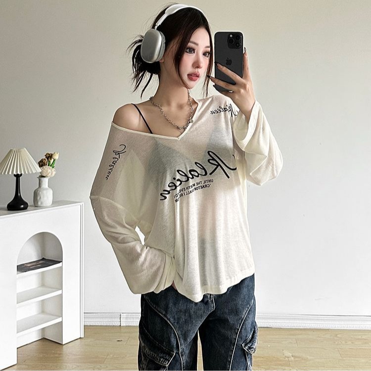 주간 실크 리브 아메리칸 레트로 알파벳 프린트 비스듬한 어깨 긴팔 블라우스 티셔츠 느긋한 다용도 슬림해 보이는 맨위 트렌디