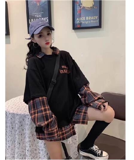 2026 한 부서 긴팔 체크무늬 루즈핏 빅 사이즈 페이크 레이어드 POLO 칼라 맨위 알파벳 프린트 패션 후드티 셔츠
