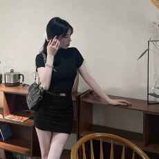 批发夏季新款气质显瘦半高领短袖<b class='q'>连衣裙</b>辣妹修身紧身弹力纯欲风打底裙