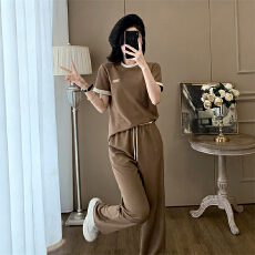 批发欧货潮牌休闲运动<b class='q'>套装</b>女夏季洋气显瘦高级感短袖T恤阔腿裤两件套