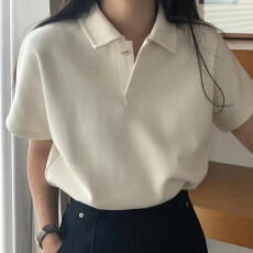 批发官图chic夏季法式小众POLO领金属爱心纽扣宽松休闲百搭<b class='q'>短袖</b><b class='q'>T</b><b class='q'>恤</b>女