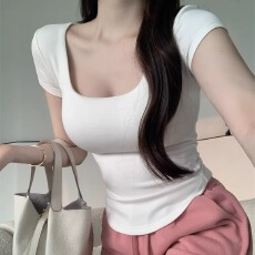 批发官图纯棉罗纹纯欲性感U领紧身显胸<b class='q'>短袖</b><b class='q'>t</b><b class='q'>恤</b>女ins辣妹弧形下摆收腰