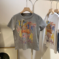 批发棉罗纹简约百搭圆领<b class='q'>短袖</b><b class='q'>t</b><b class='q'>恤</b>女宽松短款涂鸦印花减龄上衣