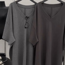 批发大领口V领<b class='q'>短袖</b><b class='q'>T</b><b class='q'>恤</b>女夏季韩版宽松大码中长款打底衫慵懒风纯棉上衣