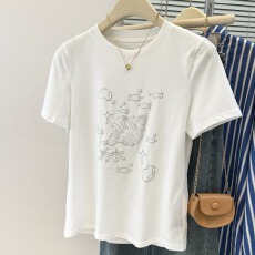 批发实拍韩系<b class='q'>白色</b>卡通贝壳印花设计感正肩<b class='q'>短袖</b><b class='q'>T</b><b class='q'>恤</b>女夏季宽松慵懒上衣