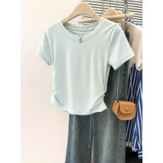 批发实拍夏季新款<b class='q'>短袖</b><b class='q'>T</b><b class='q'>恤</b>女小个子短款内搭打底衫修身韩版褶皱上衣潮