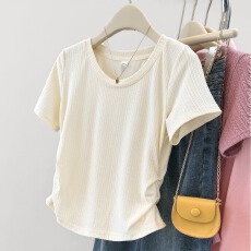 批发实拍2026法式<b class='q'>不规则</b>褶皱短袖T恤女新款收腰针织<b class='q'>雪纺上衣</b>遮肚藏肉