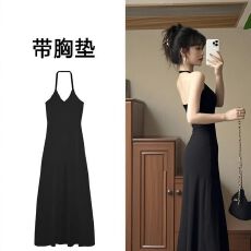 批发挂脖<b class='q'>连衣裙</b>纯欲风女<b class='q'>夏</b>秋季新款黑色带胸垫收腰长裙气质超火吊带裙