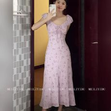 批发法式温柔风紫色碎花<b class='q'>连衣裙</b>子女<b class='q'>夏</b>季2026新款小个子气质收腰长裙子