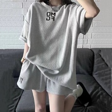 批发美式复古运动服套装女夏季宽松短袖短裤<b class='q'>时尚</b>休闲华夫格两件套