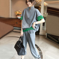 批发灰色假两件短袖<b class='q'>时尚</b>套装女2026新款宽松大码减龄休闲两件套