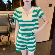 批发时尚套装女2026夏季新款洋气条纹海军领短袖T恤短<b class='q'>裤</b>子两件套