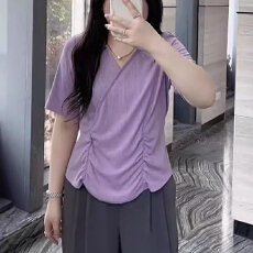 批发夏季新款法式v领收腰设计感T恤女微胖mm<b class='q'>大码</b><b class='q'>女装</b>遮肚子<b class='q'>上衣</b>