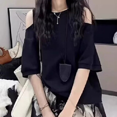 批发新款<b class='q'>大码</b>纯欲圆领露肩短袖t恤女夏季胖mm宽松遮肉显瘦<b class='q'>上衣</b>