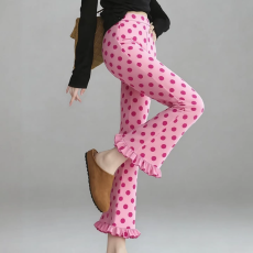 批发时尚设计感百搭女款2026年春季新款粉色波点木耳花边九分微喇长裤