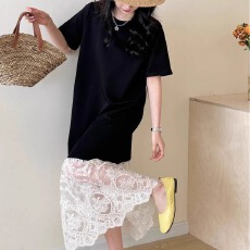 批发春季高级设计感下摆<b class='q'>蕾丝</b>拼接小黑裙子新韩优雅减龄洋气连衣裙