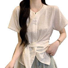 批发夏季新款爆款法式<b class='q'>开衫</b>V领小收腰<b class='q'>不规则</b>绑带上衣