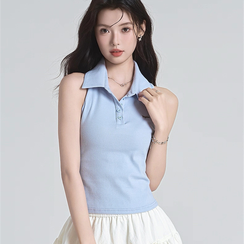 원본 품질 순수한 욕망 바람 핫걸 오프숄더 POLO 칼라 민소매 조끼 여성 여름 빅 사이즈 몸매 가꾸기 맨위
