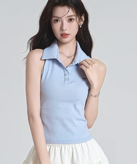 원본 품질 순수한 욕망 바람 핫걸 오프숄더 POLO 칼라 민소매 조끼 여성 여름 빅 사이즈 몸매 가꾸기 맨위