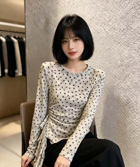 부드러운 바람 레트로 디자인 센스 작은 대중 도트 무늬 긴팔 티셔츠 여성 헤일로 염색 Chic 기본 셔츠