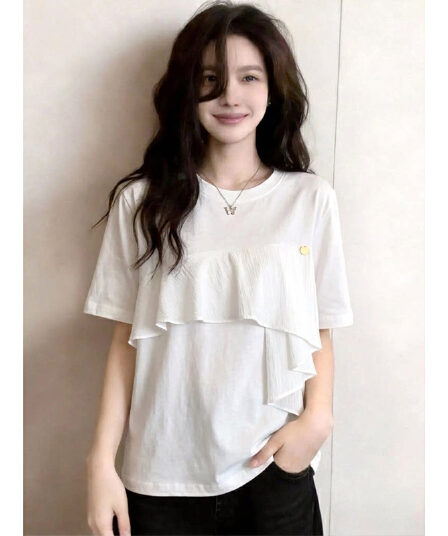 프릴 라운드 넥 반팔 티셔츠 여성 여름 새로운 지방 mm 맨위