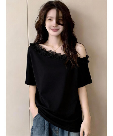 슬립 오프숄더 맨위 여성 여름 느긋한 품격 슬림해 보이는 티셔츠