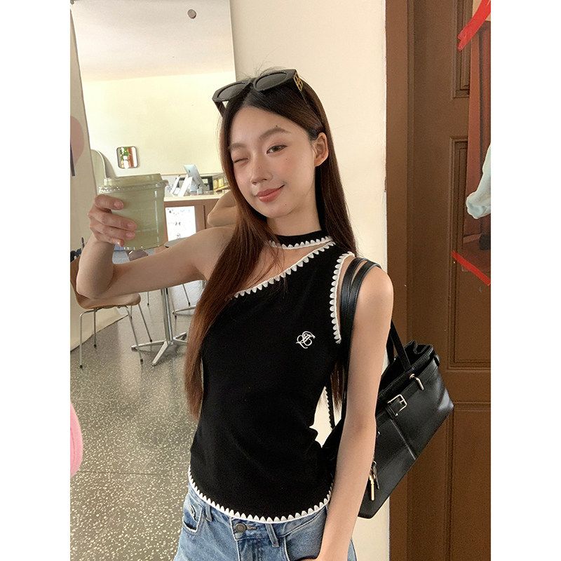와 사고 방식 캐미솔 여름 외출용 검정색 몸매 가꾸기 디자인 센스 오프숄더 비스듬한 어깨 민소매 맨위