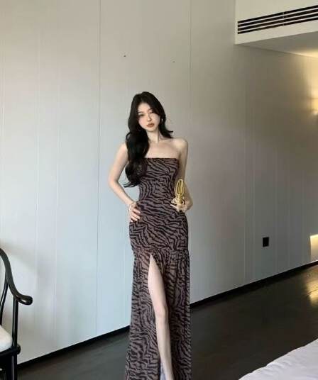 유럽과 미국 섹시함 핫걸 튜브탑 레오파드 무늬 여름 프린트 패치워크 트임 허리 수축 타이트 패키지 팔 치마