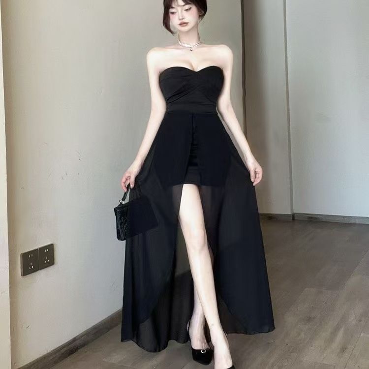 프랑스식 바람 순수한 욕망 오프숄더 튜브탑 슈퍼 요정 화이트 드레스 불규칙 망사 이슬 다리 디자인 타이트 스커트 롱 스커트